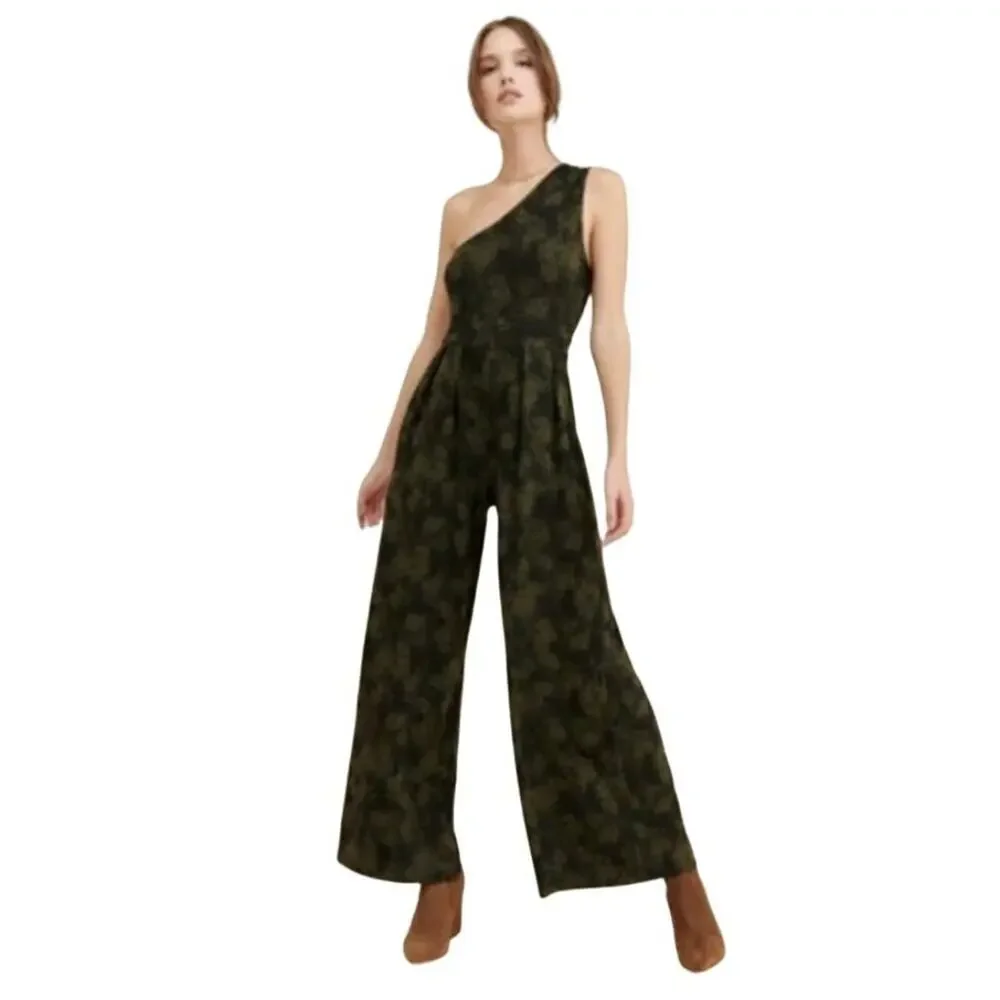Free People Womens Maya Black and Green Printed One Shoulder Jumpsuit Size XS‎